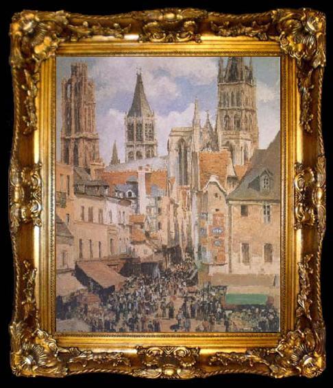 framed  Camille Pissarro The Old Marketplace in Rouen and the Rue de I